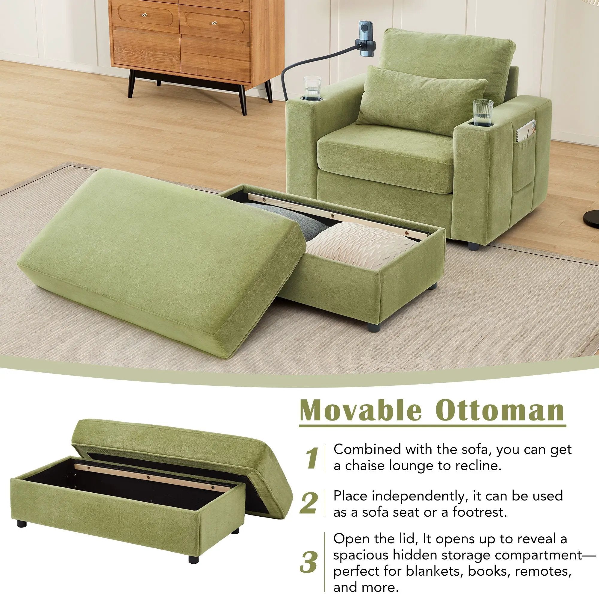 Modern Style Armchair Chaise Lounge Sofa Couch With Movable Storage Ottoman, USB Ports, Cup Holders, Phone Holder, Side Pockets by HouseOfZazla