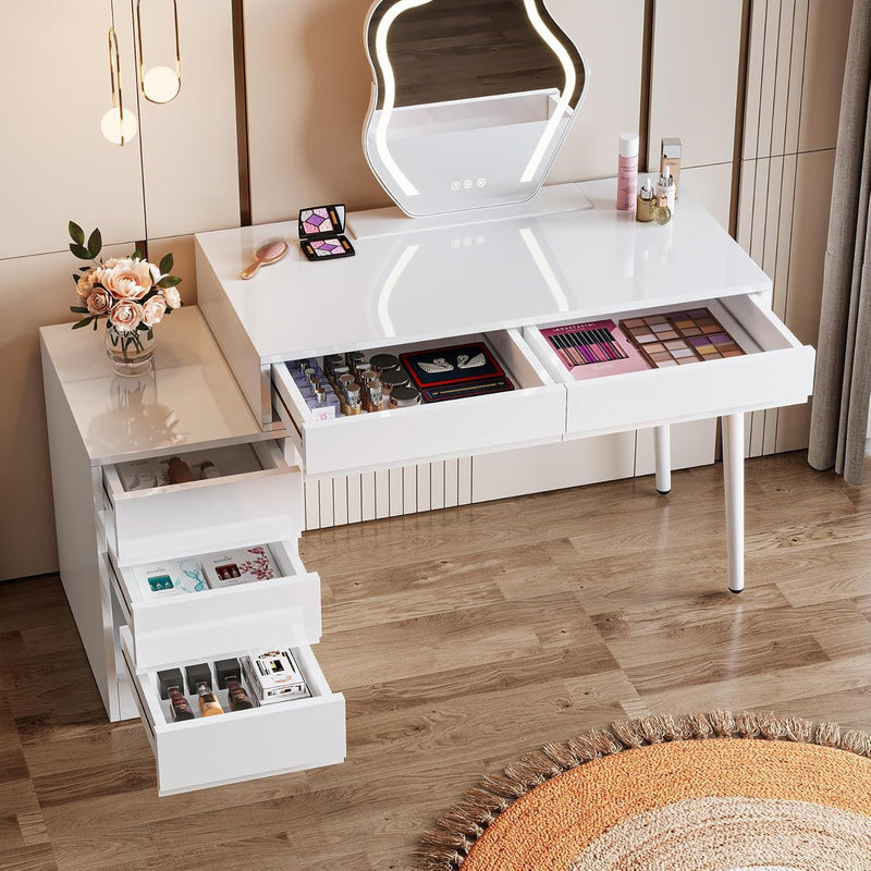 Glossy Desk With 5 Drawers & Printer Stand, Reversible Home Office Computer And Vanity Table For Small Spaces - White by HouseOfZazla