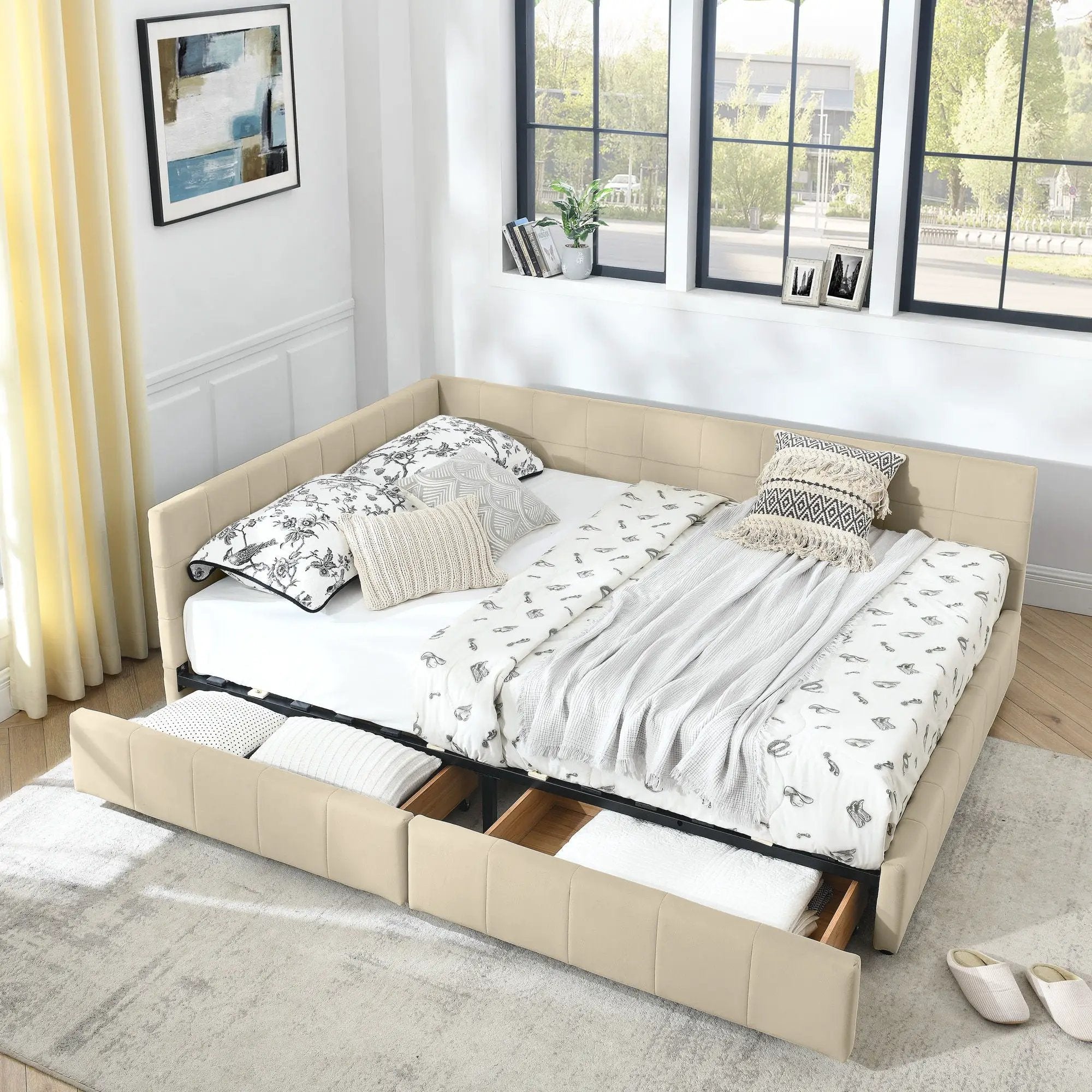 Mid-Century Storage Upholstered Tufted Bed Frame With Backrest And Armrests by Unique Piece Furniture