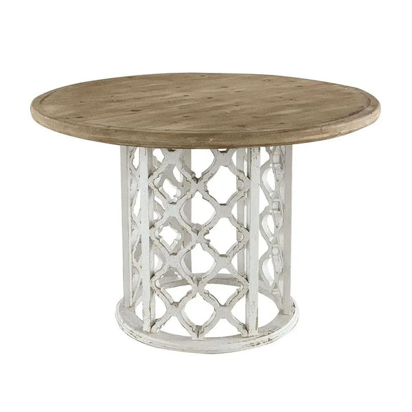 Round Wooden Dining Table With Ornate Cut Out Base - Brown / Antique White
