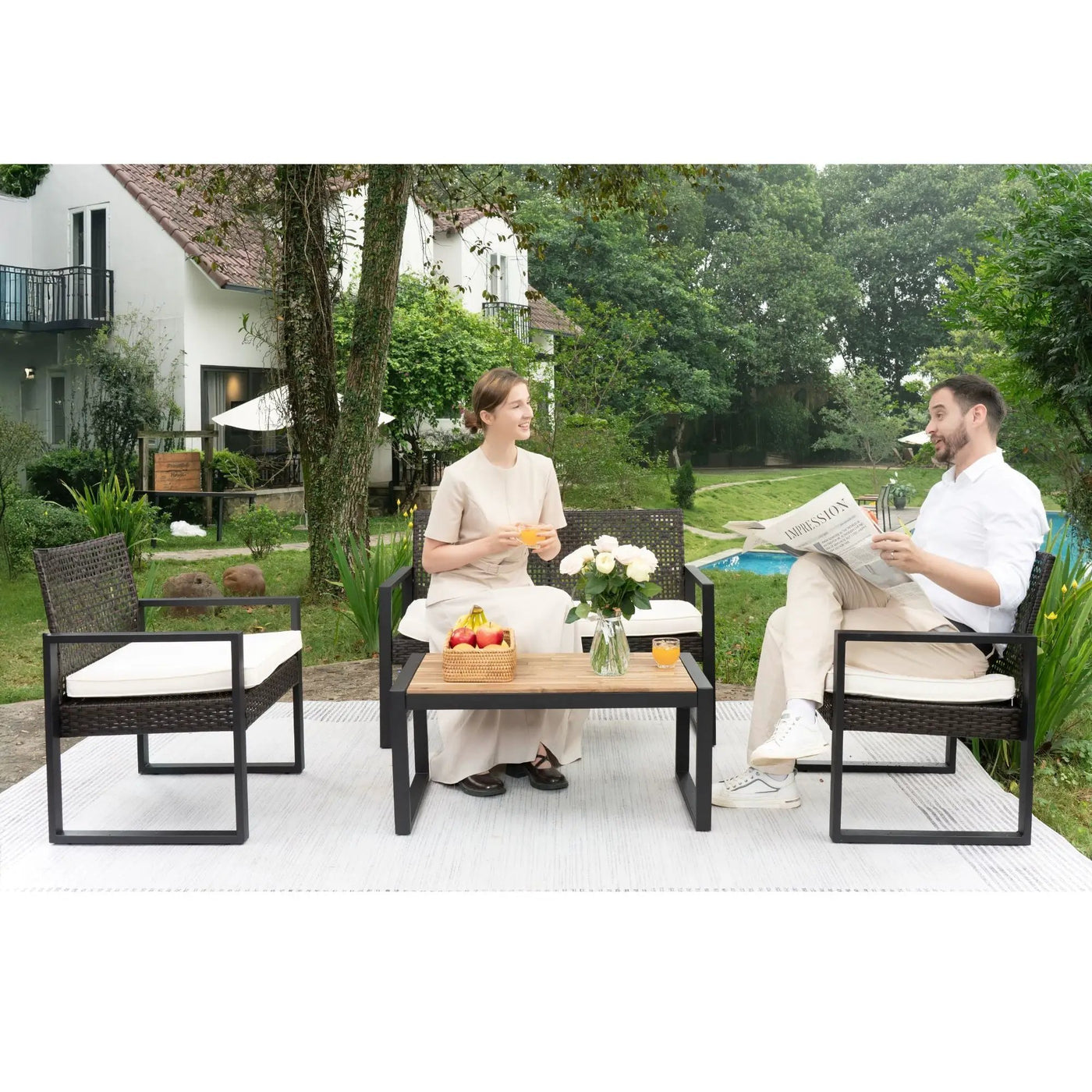 4 Piece Patio Furniture Set With Acacia Wood Table Top And Cushions by Unique Piece Furniture