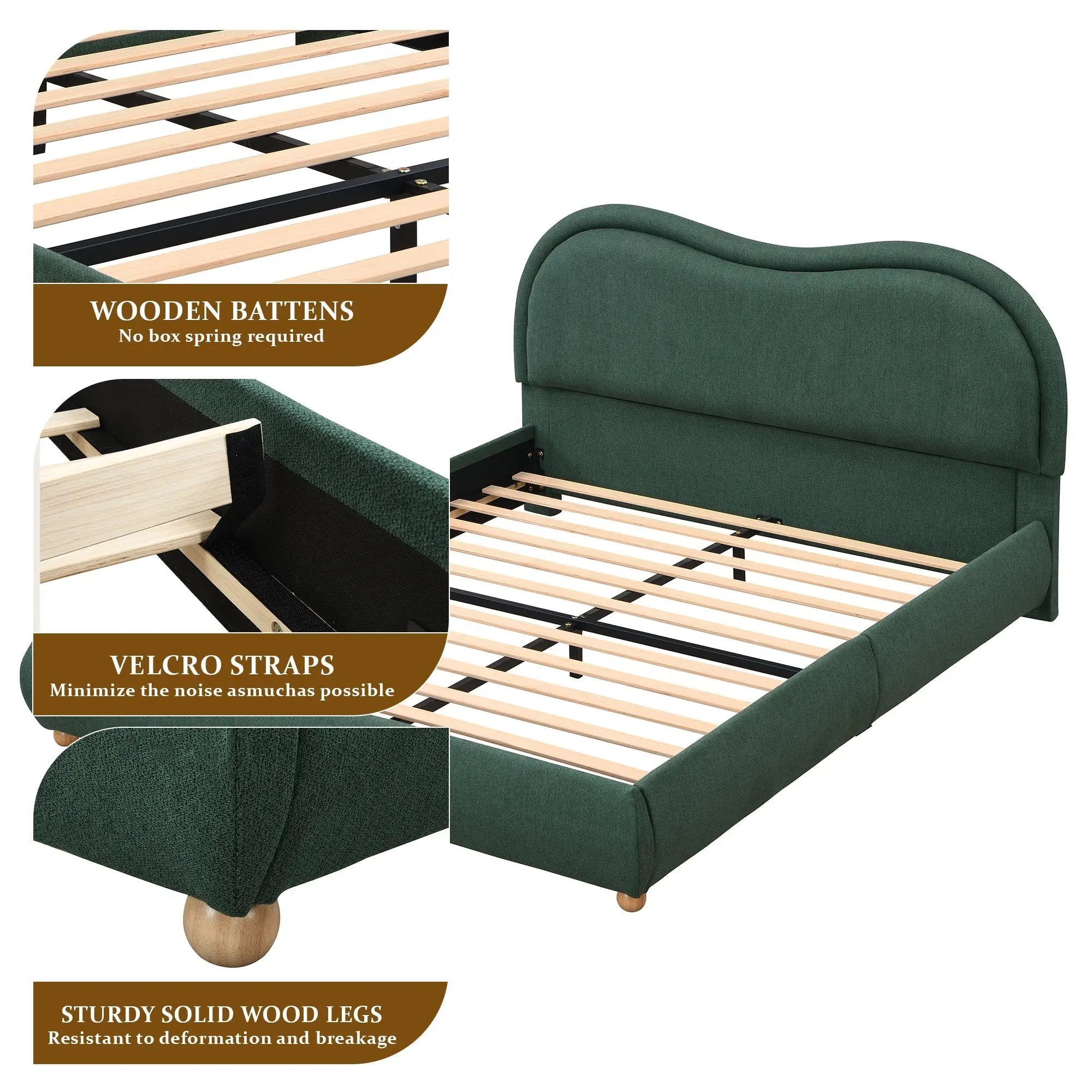 Queen Size Upholstered Platform Bed Frame with Rounded Corners Curved Headboard by HouseOfZazla