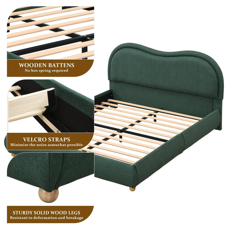 Queen Size Upholstered Platform Bed Frame with Rounded Corners Curved Headboard by HouseOfZazla