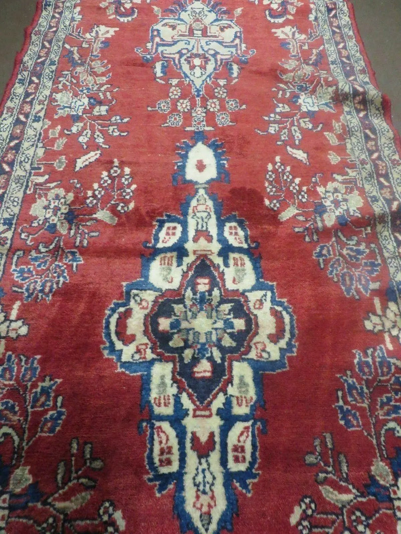Persian Runner Rug 3 x 12, Antique Wool Oriental Runner, Floral Vases, Red & Navy Blue by Jewel Rugs