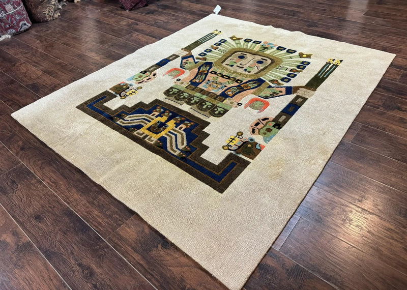 South American Rug 6x7, Unique Native American Design, Ivory, Ecuador Rug, Handmade Wool by Jewel Rugs