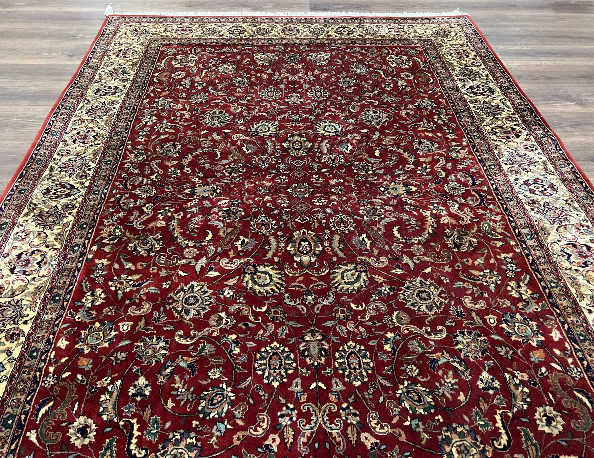Vintage Indo Persian Rug 6x9, Very Finely Hand-Knotted Carpet 6 x 9 Red Cream Indian Oriental Carpet, Traditional Floral Wool Area Rug 1970s by Jewel Rugs