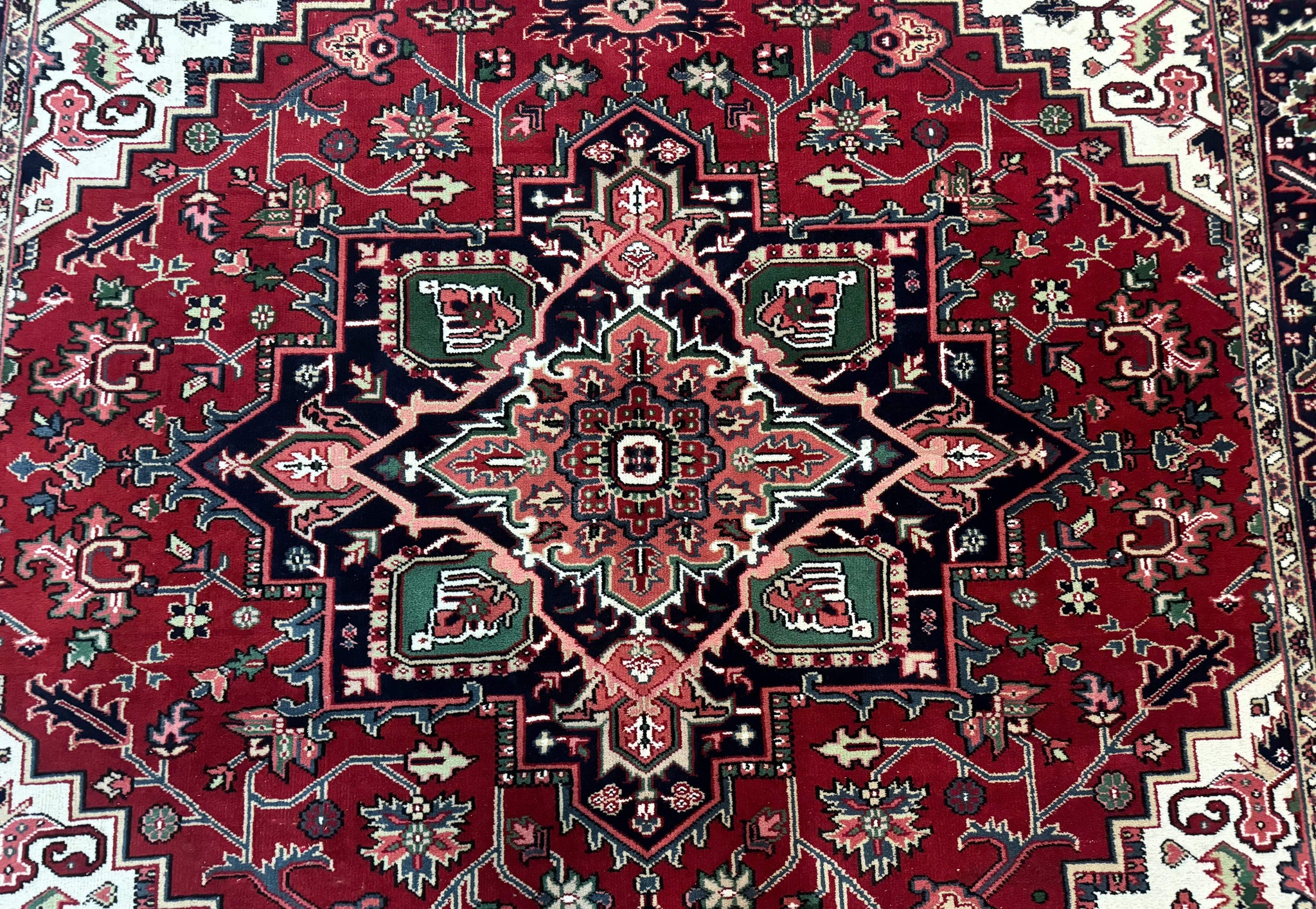 Indo Persian Heriz Rug 8x10, Geometric Medallion, Brick Red Ivory Navy Blue, Room Sized Heriz Carpet, Wool Rug by Jewel Rugs