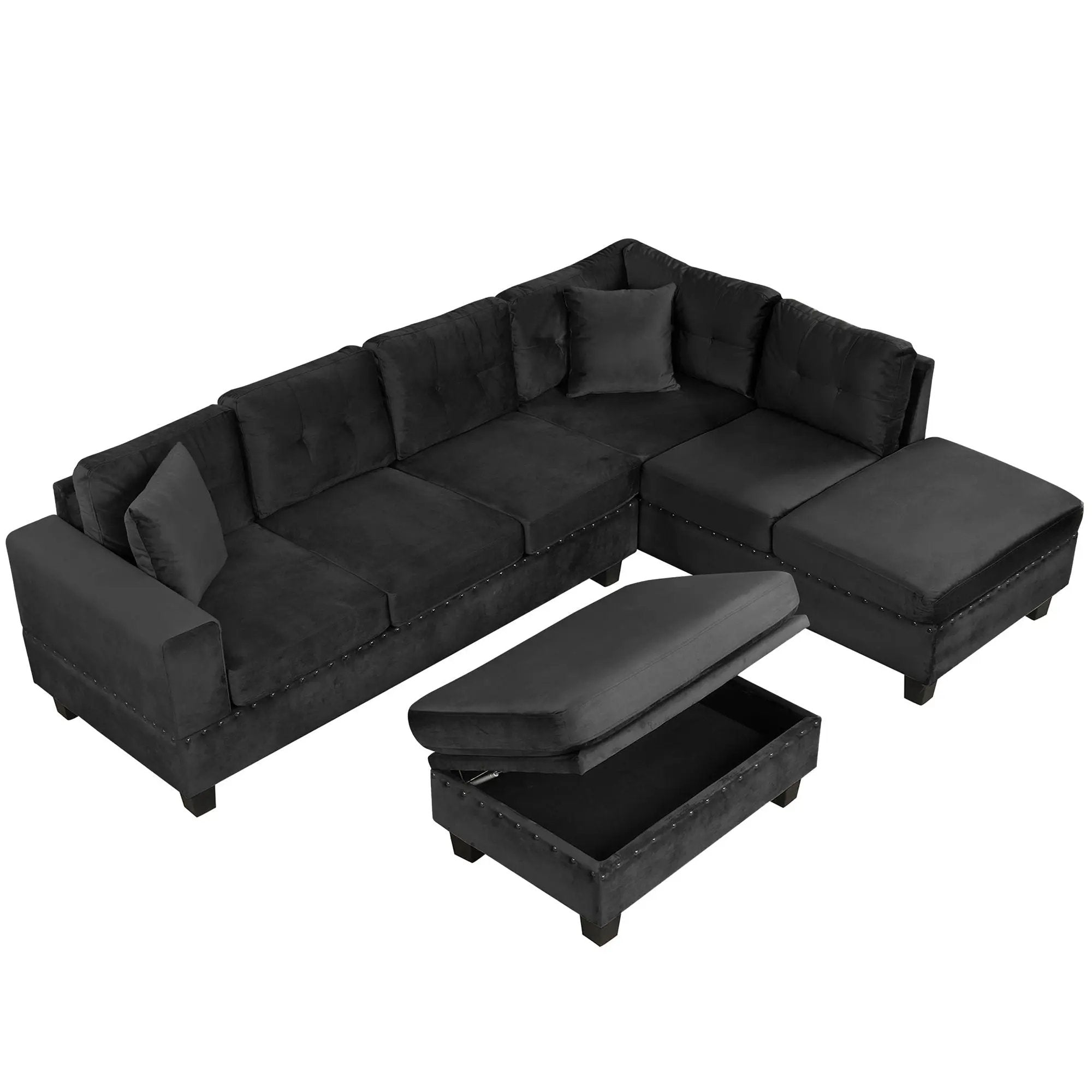 Modern Sectional Sofa With Storage Ottoman, L - Shape Couch With 2 Pillows And Cup Holders by HouseOfZazla