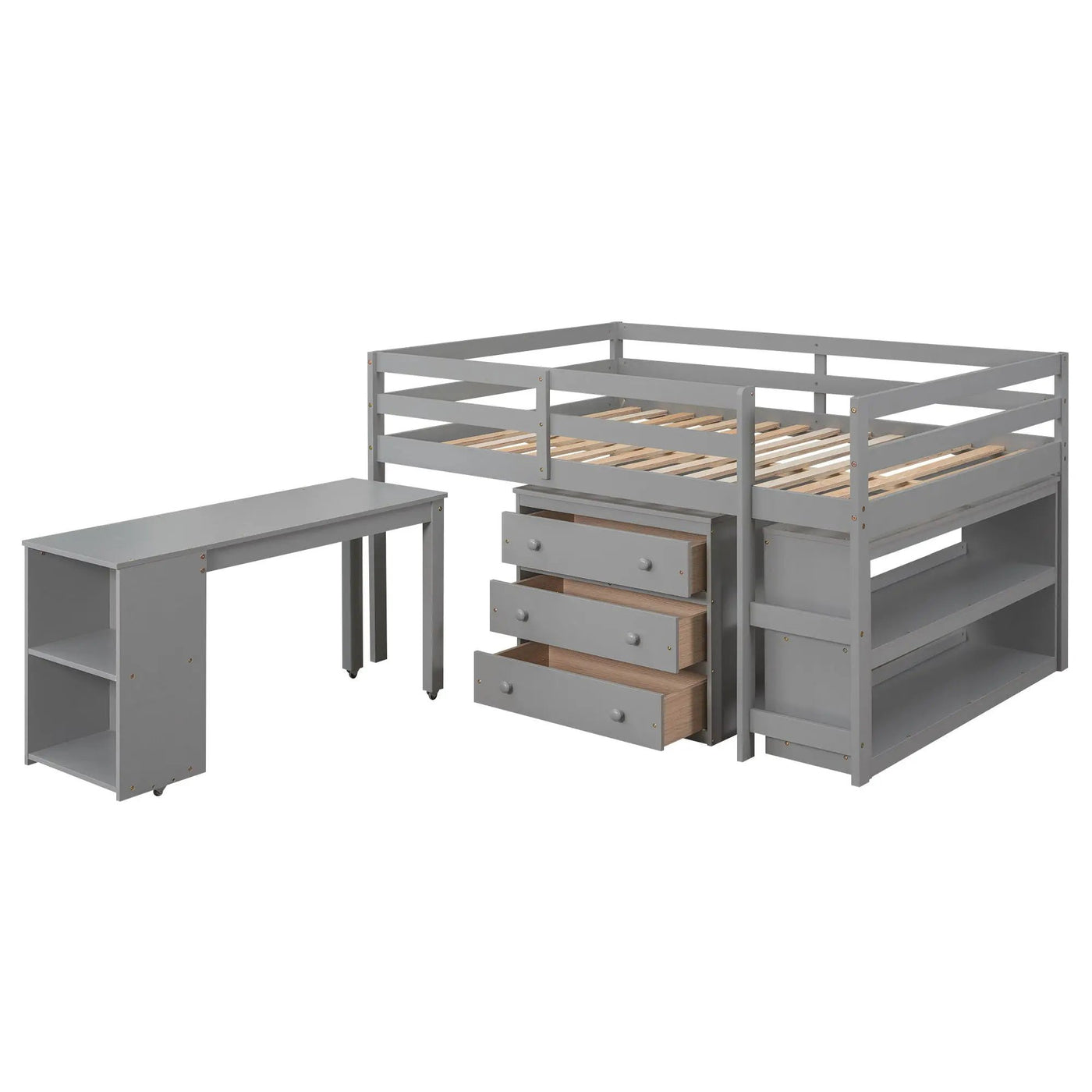 Loft Low Study Bed With Cabinet, Shelves And Rolling Portable Desk, Multiple Functions by Unique Piece Furniture