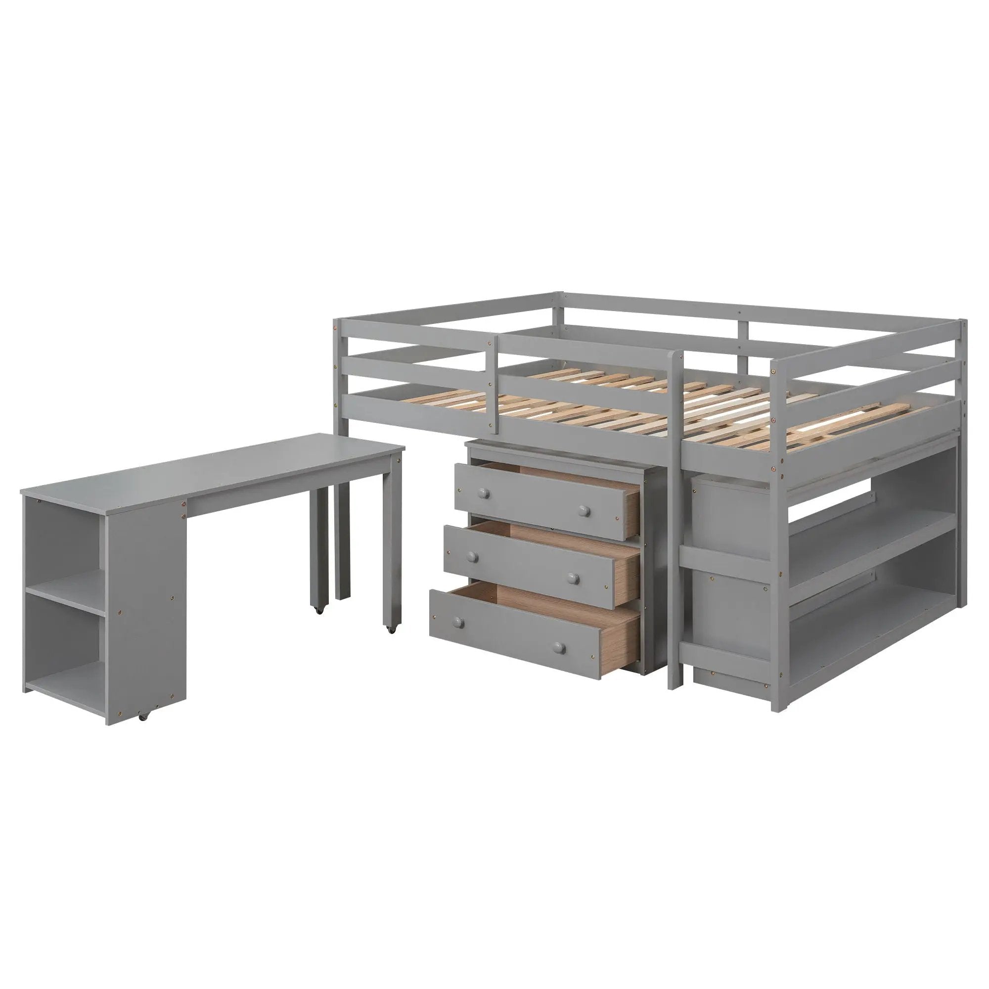 Loft Low Study Bed With Cabinet, Shelves And Rolling Portable Desk, Multiple Functions by HouseOfZazla