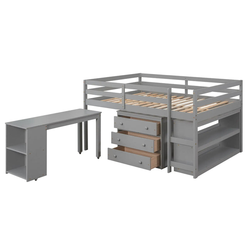 Loft Low Study Bed With Cabinet, Shelves And Rolling Portable Desk, Multiple Functions by HouseOfZazla