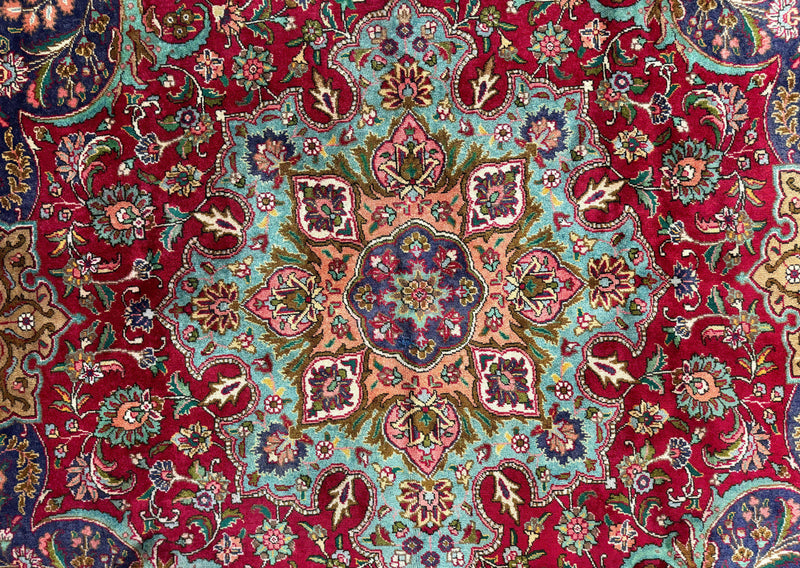 Wonderful Persian Tabriz Rug 10x14, Antique Persian Carpet, Handmade Wool Rug, Floral Medallion, Red Navy Blue, Colorful, Large Persian Area Rug by Jewel Rugs