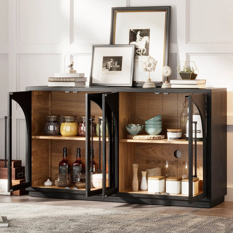 4-Door Large Storage Sideboard Buffet Cabinet with Glass Doors Arched Cabinet (Black) by HouseOfZazla