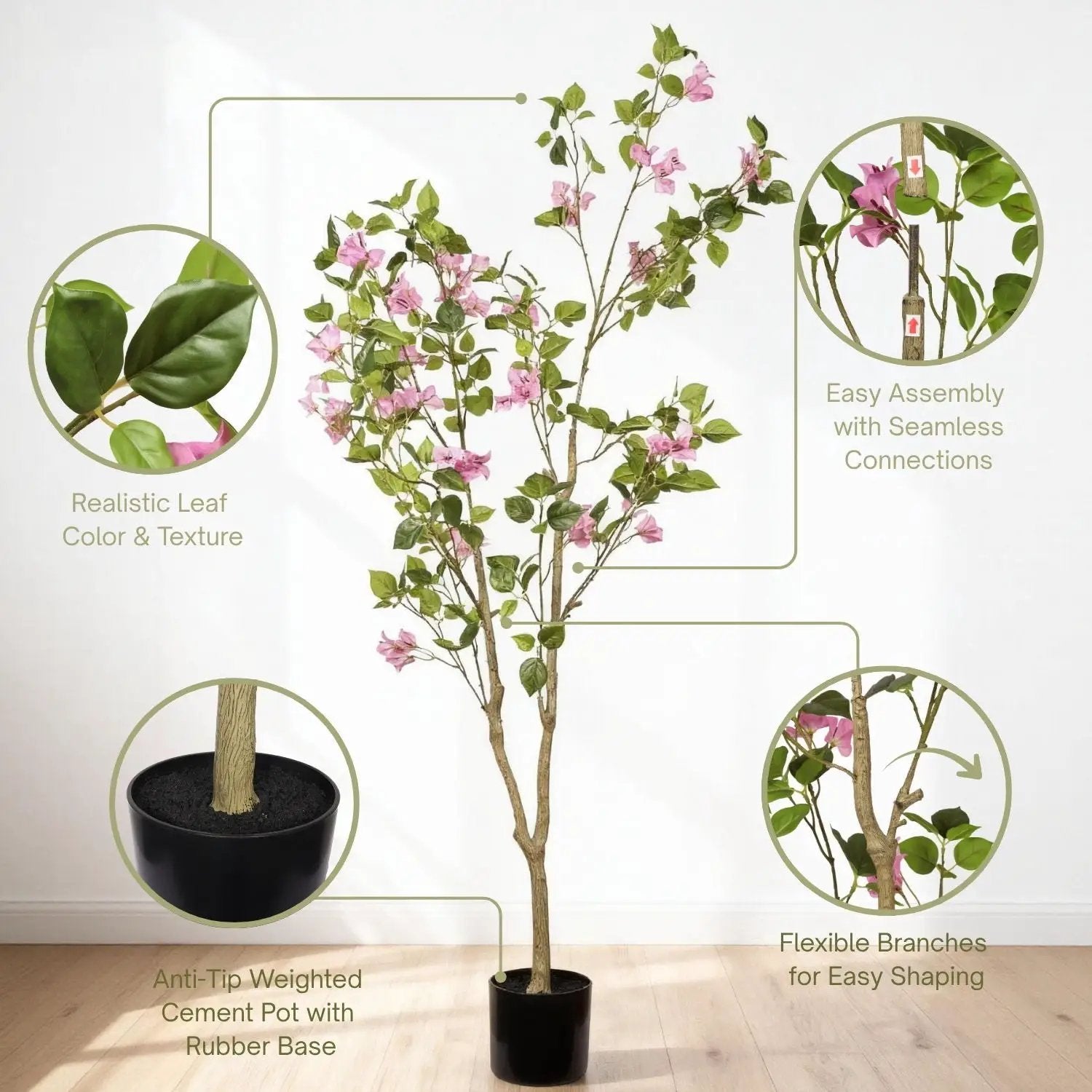 Artificial Bougainvillea Tree, Realistic Faux Plant In Pot, Indoor Decor For Home - Baby Pink / Green Leaf by Unique Piece Furniture
