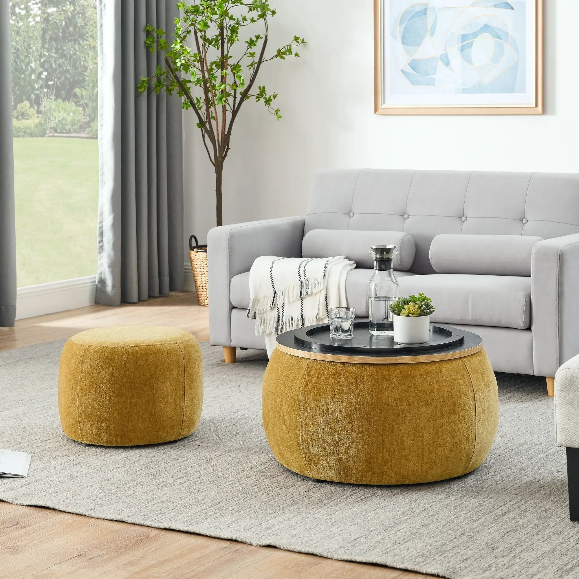 Round Storage Ottoman, 2 In 1 Function, End Table And Ottoman by Unique Piece Furniture