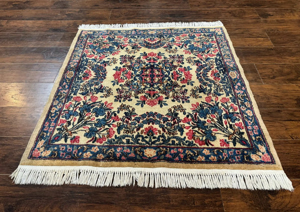 Square Persian Kerman Rug 4x4, Ivory Blue Pink, Handmade, Fine 225 KPSI, photo 2 of 13