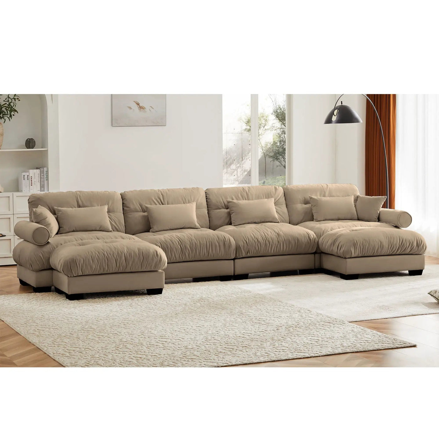 Modern Sectional Sofa With Ottoman, Round Bolster Armrests, Waist And Throw Pillows by Unique Piece Furniture
