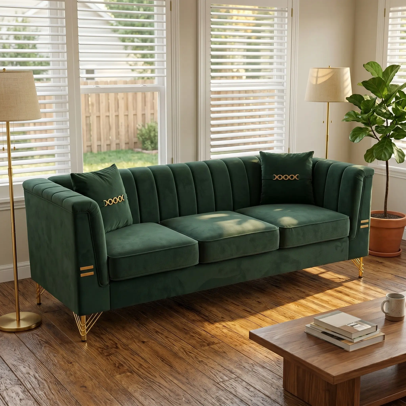 FX-P82-GR3 82.67" Modern Velvet 3-Seater Chesterfield Sofa with 2 Pillows by HouseOfZazla