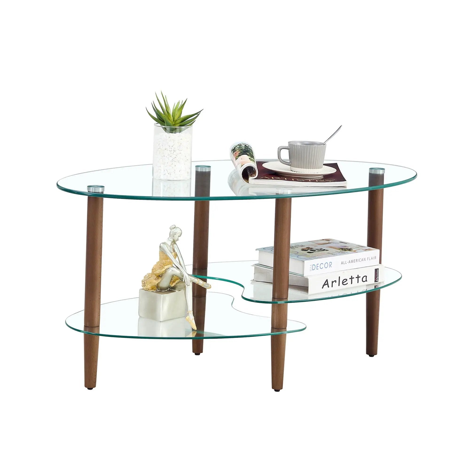 Transparent Oval Glass Coffee Table, Modern Table In Living Room Oak Wood Leg Tea Table 3-Layer Glass Table by Unique Piece Furniture