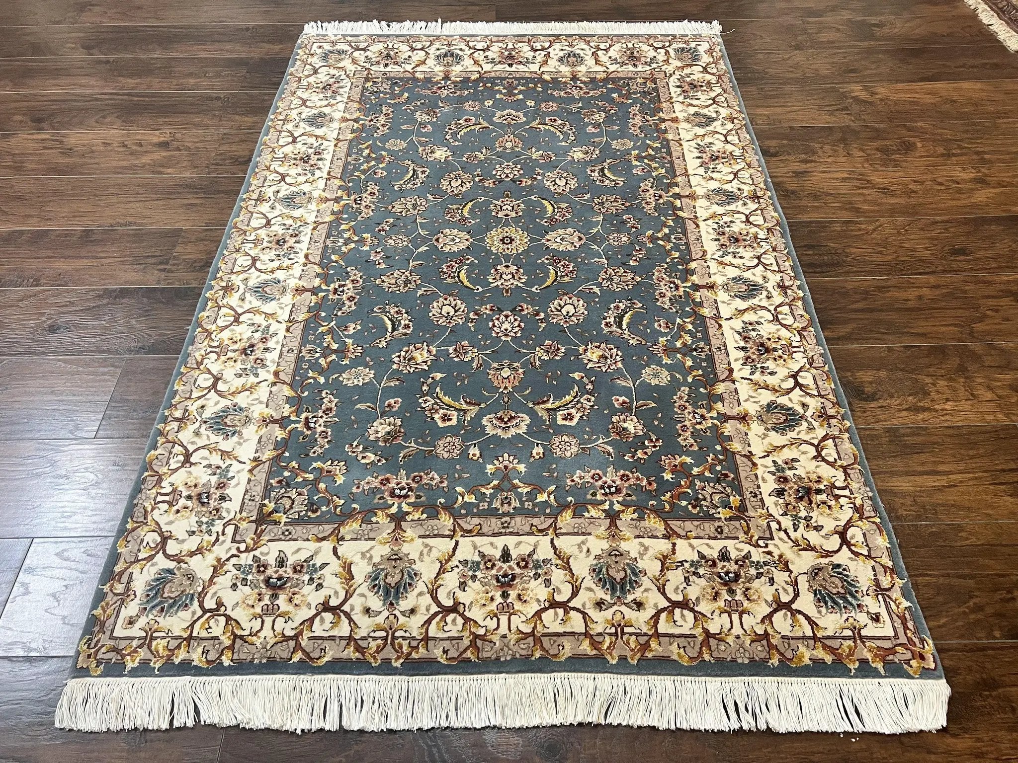 Sino Persian Rug 4x6, Very Fine Oriental Carpet, Handmade Rug 4 x 6, Floral Allover Vintage Traditional Wool & Silk Highlights, 200 KPSI by Jewel Rugs