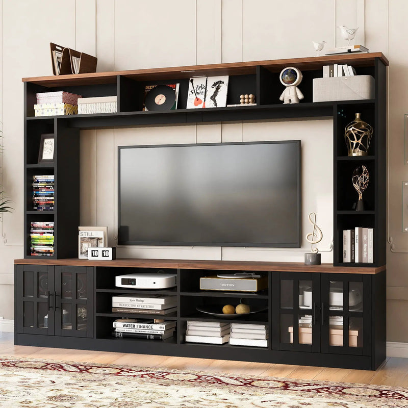 Wall Unit Entertainment Center With Bookshelves For TVs Up To 80", Tempered Glass Doors And Adjustable Shelves by HouseOfZazla