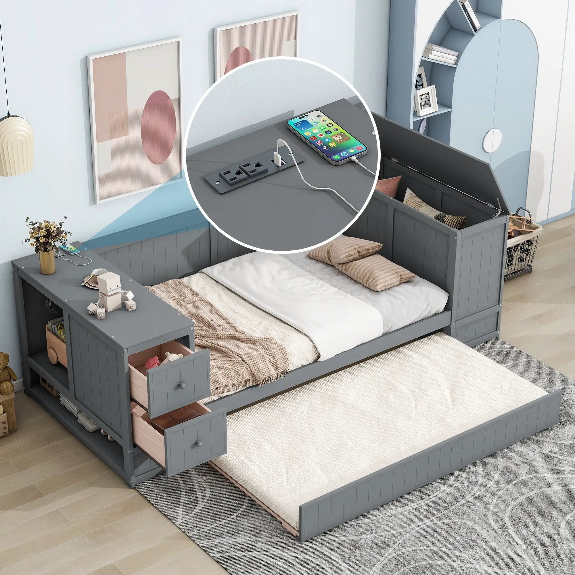 Daybed With Storage Arms, Trundle And Charging Station by Unique Piece Furniture