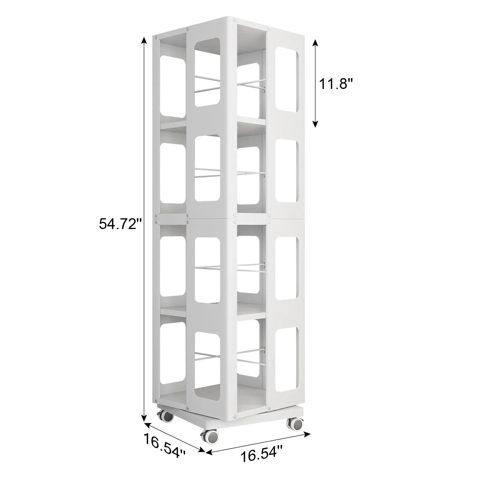 4 Tier All Steel Rotating Bookshelf With 360° Wheels, Large Size Sturdy & Spacious Book Rack, New Style Bookshelf - White by HouseOfZazla