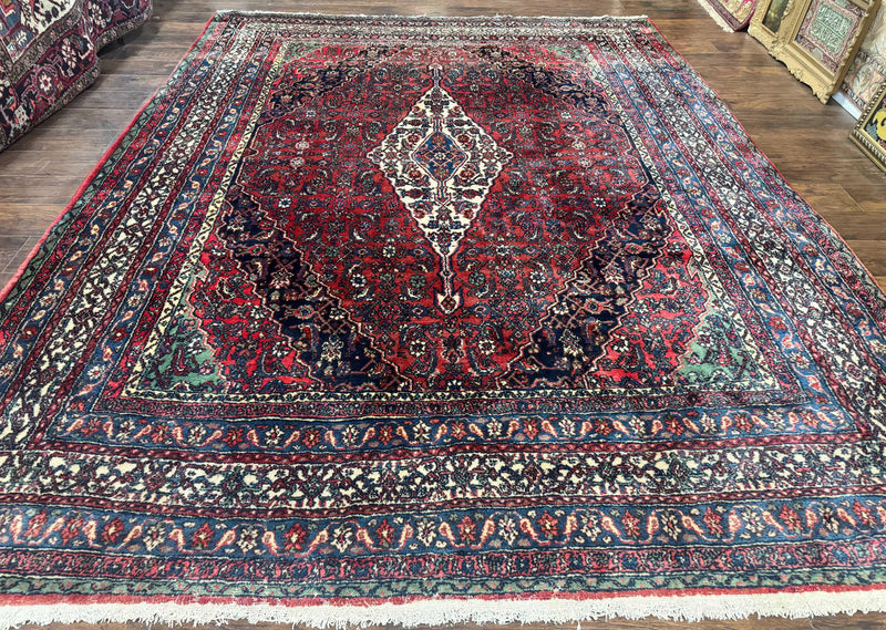 Antique Persian Hamadan Tribal Rug 8x10, Red and Ivory, Medallion Rug, Wool Handmade Carpet by Jewel Rugs