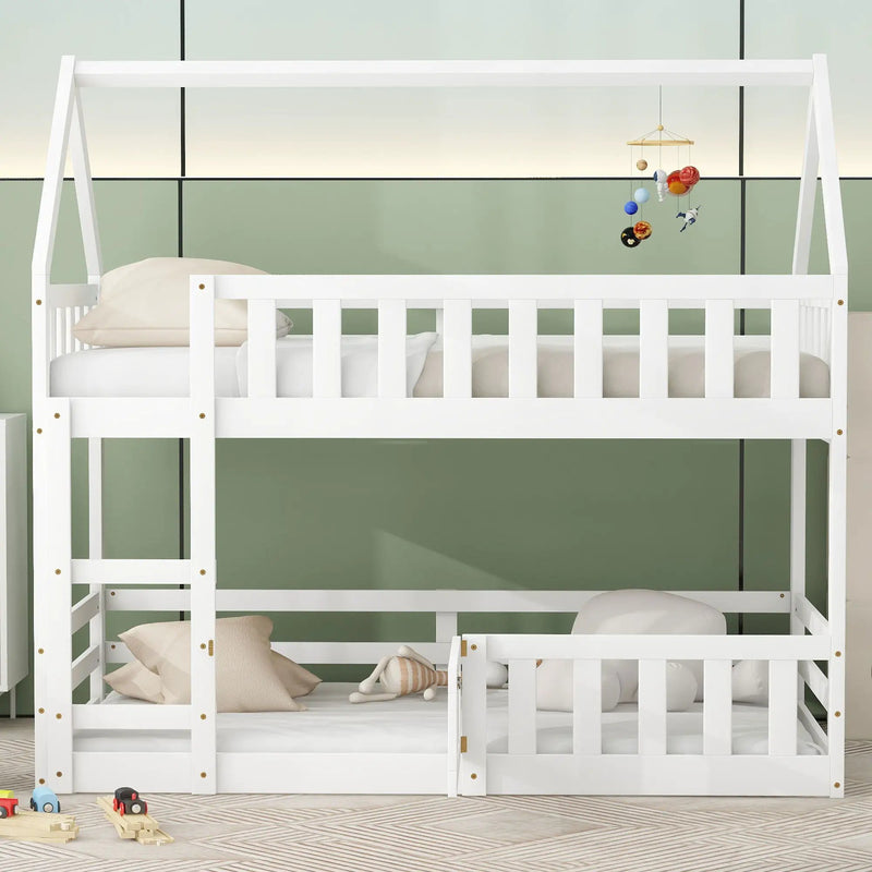 Twin Over Twin House Bunk Bed With Fence And Door by HouseOfZazla