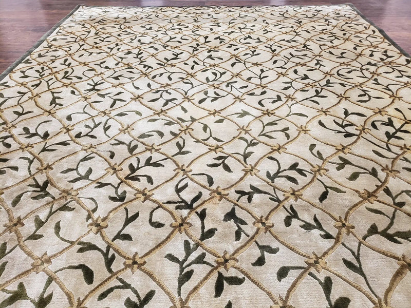 Vintage Tibetan Nepalese Area Rug 9x12, Wool Hand-Knotted, Beige Nepali Soft Pile Carpet, 9 x 12 Living Room Modern Dining Room Rug by Jewel Rugs