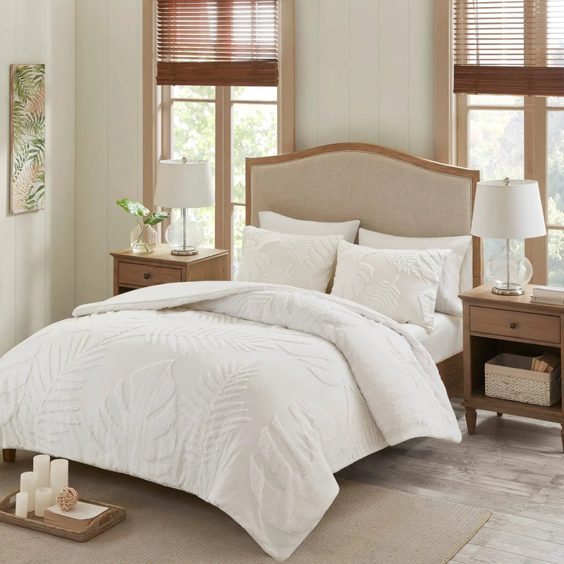 3 Piece Tufted Cotton Chenille Palm Comforter Set Off-White Full/Queen by HouseOfZazla