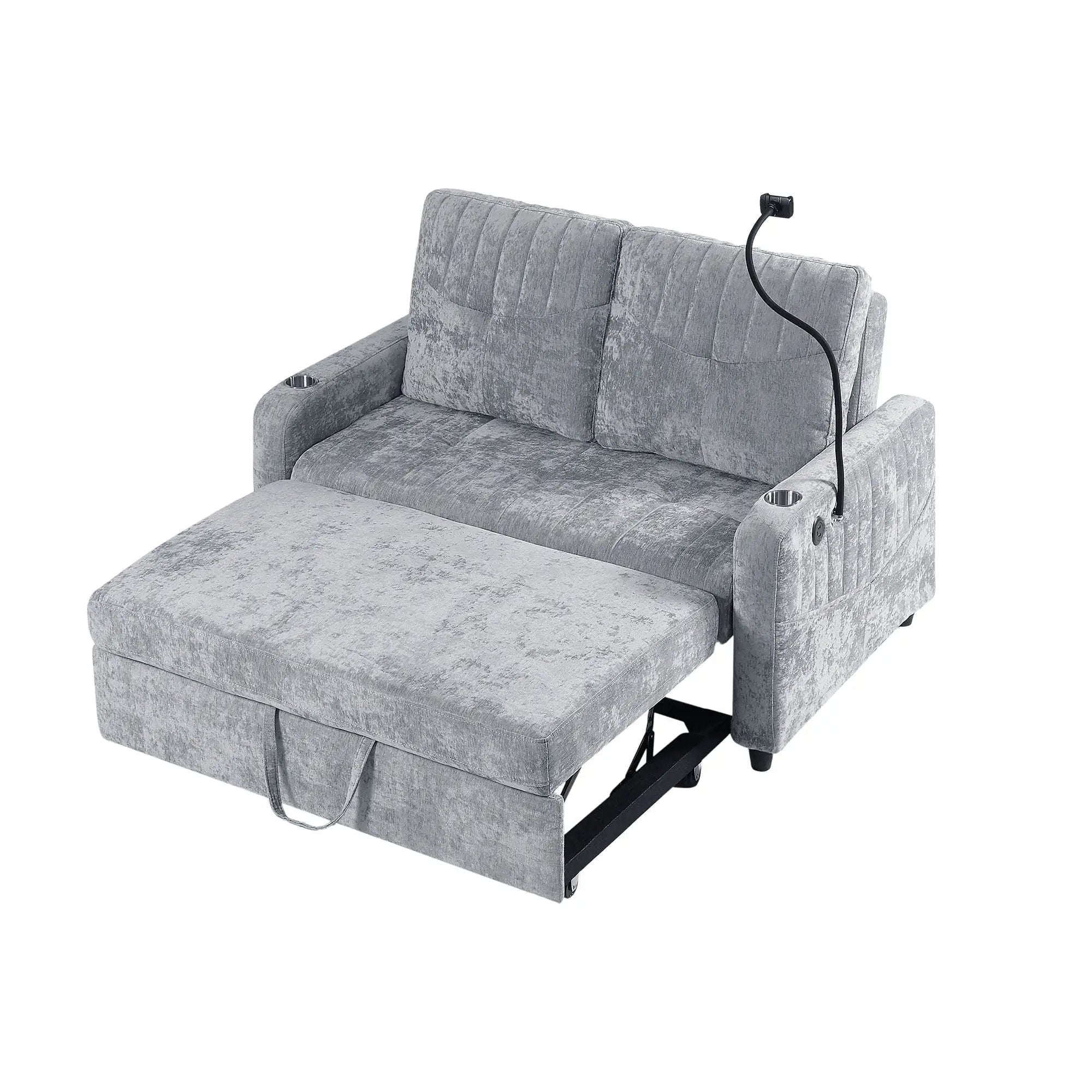 Modern Loveseat Pull Out Sofa Bed With Adjustable Backrest, Two Cup Holders, A Phone Holder, Three Charging Ports And Side Storage Pockets For Living Room by Unique Piece Furniture