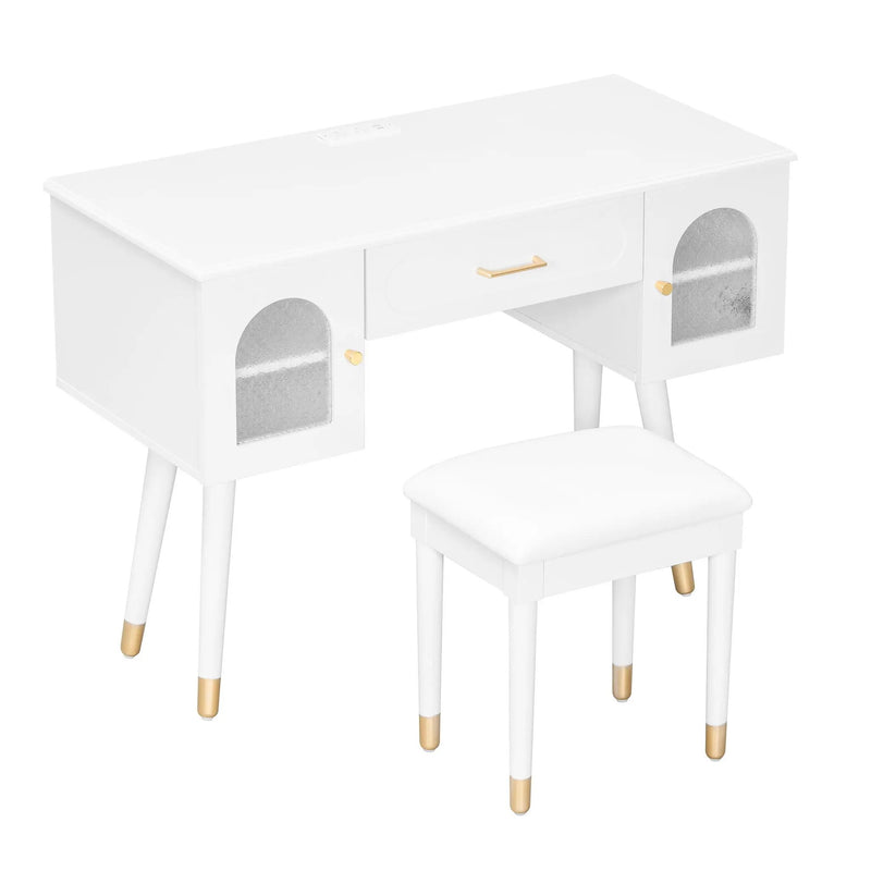 Elegant Vanity Makeup Table & Chair Set Modern Dressing Table With Organizer Writing Desk Charging Port Engineered Wood - White by Unique Piece Furniture