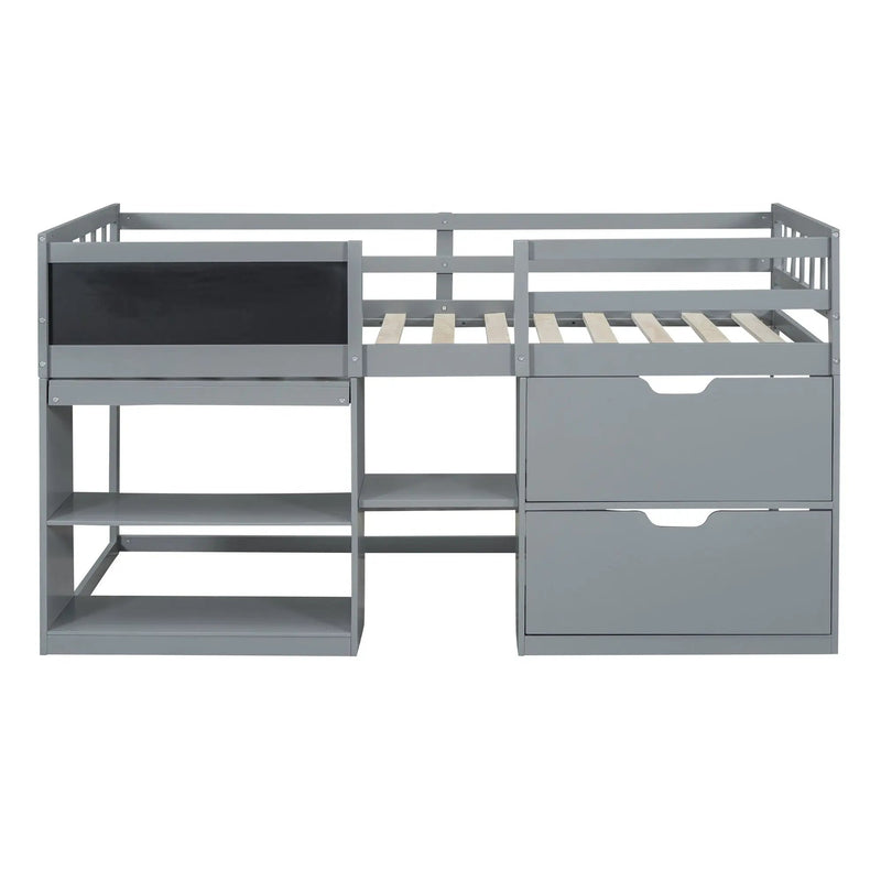 Low Loft Bed With Rolling Desk, Shelf And Drawers by HouseOfZazla
