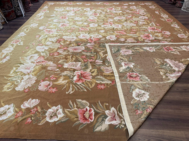 Large Needlepoint Rug 11x14, Vintage Floral Wool Carpet, Caramel by Jewel Rugs