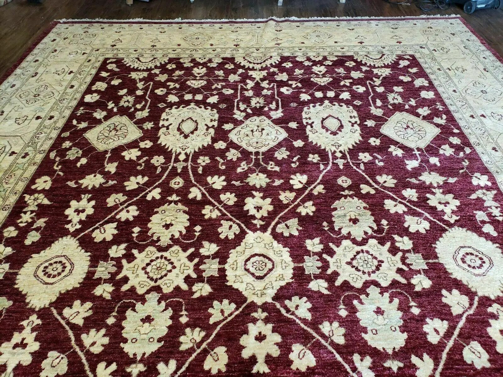 Pakistani Peshawar Rug 10x14, Handmade Chobi Carpet, Maroon & Beige by Jewel Rugs