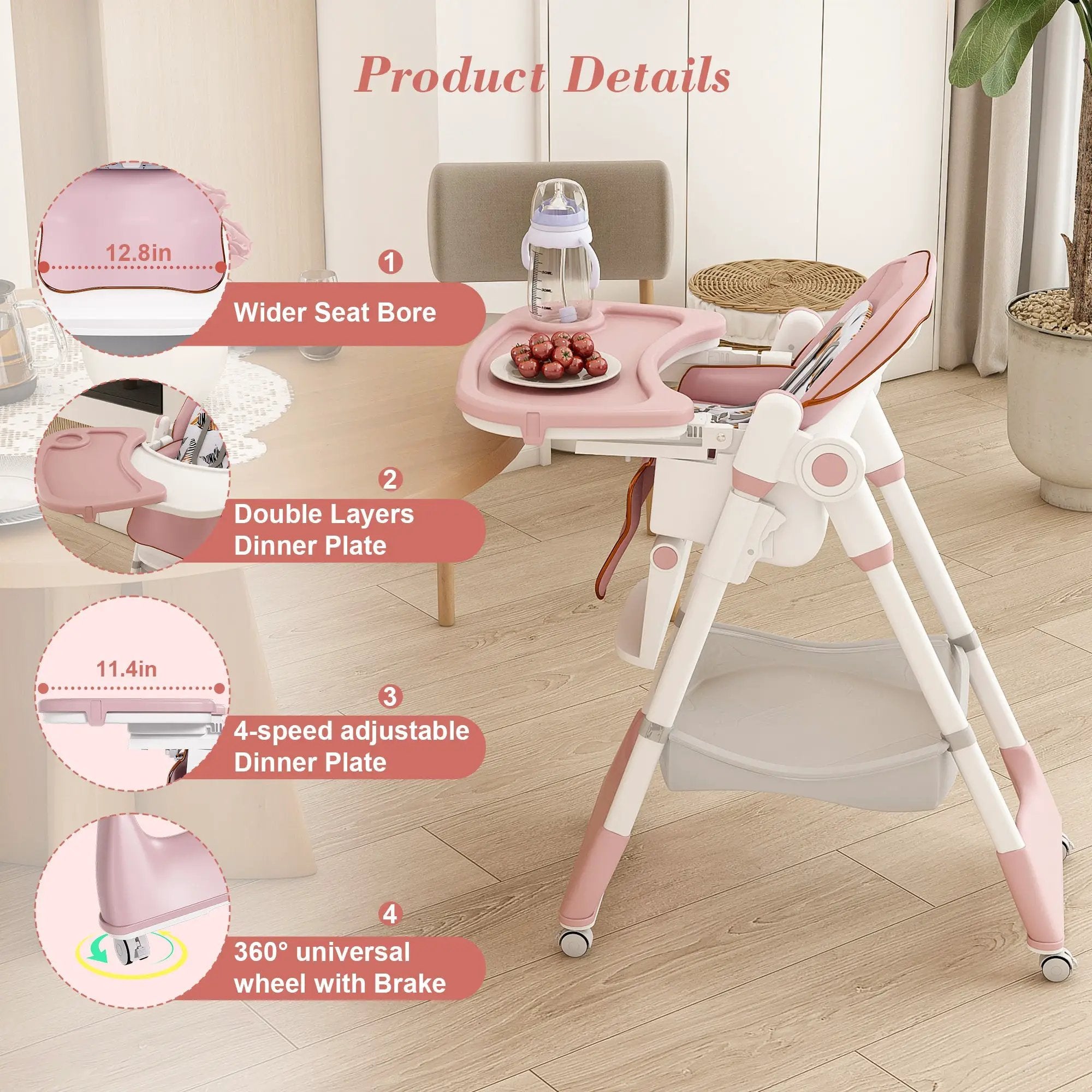 Adjustable Baby High Chair 0-6 Years – Portable Infant Feeding Seat (Pink) by HouseOfZazla