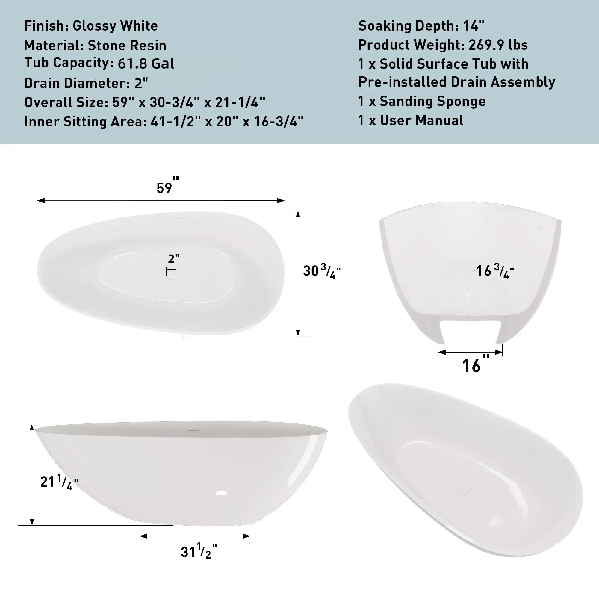 59" Freestanding Solid Surface Bathtub by HouseOfZazla