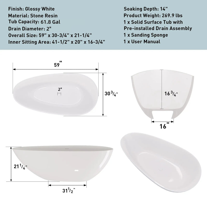 59" Freestanding Solid Surface Bathtub by HouseOfZazla