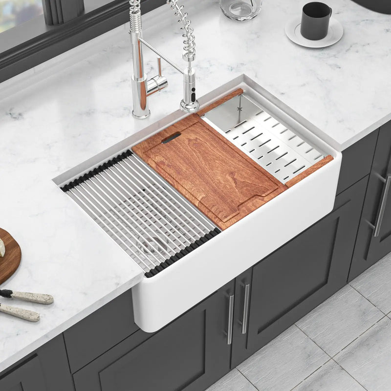 Double Bowl Sink Workstation 33" With Built In Work Surface And Accessories - White by HouseOfZazla