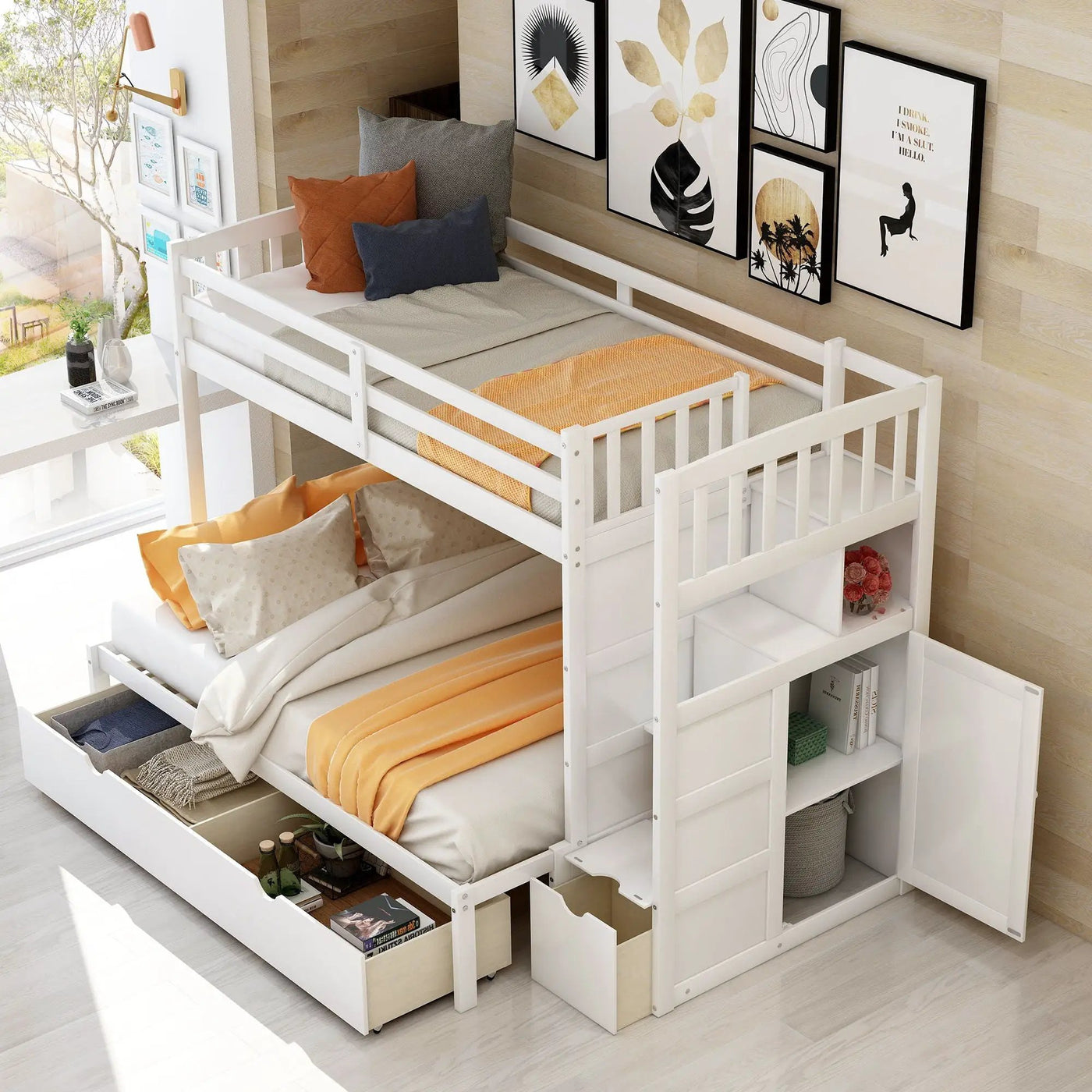 Bunk Bed, Convertible Bottom Bed, Storage Shelves And Drawers by Unique Piece Furniture