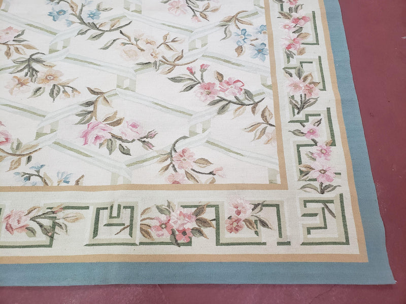 Vintage Aubusson Area Rug, Aubusson Flat weave Carpet, Floral Geometric Pattern, Beige Teal Green, 4x6 Rug, European Design by Jewel Rugs