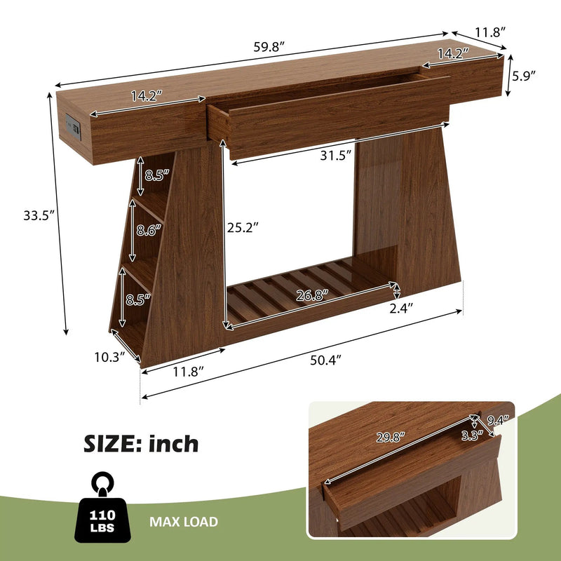 60 Inch Narrow Console Table with Built-in Power Outlet by HouseOfZazla