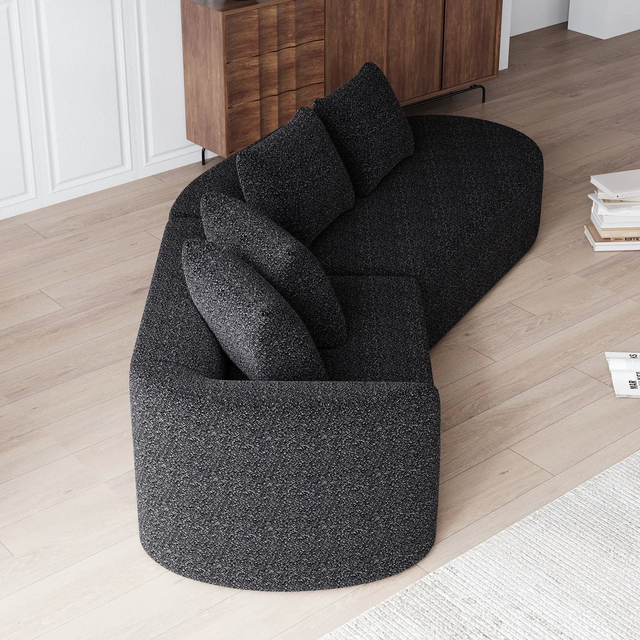 Upholstered Oversized Sectional Sofa, 4 Seater Extra Deep & Wide Curved Cloud Couch With 4 Throw Pillows For Living Room - Black by HouseOfZazla