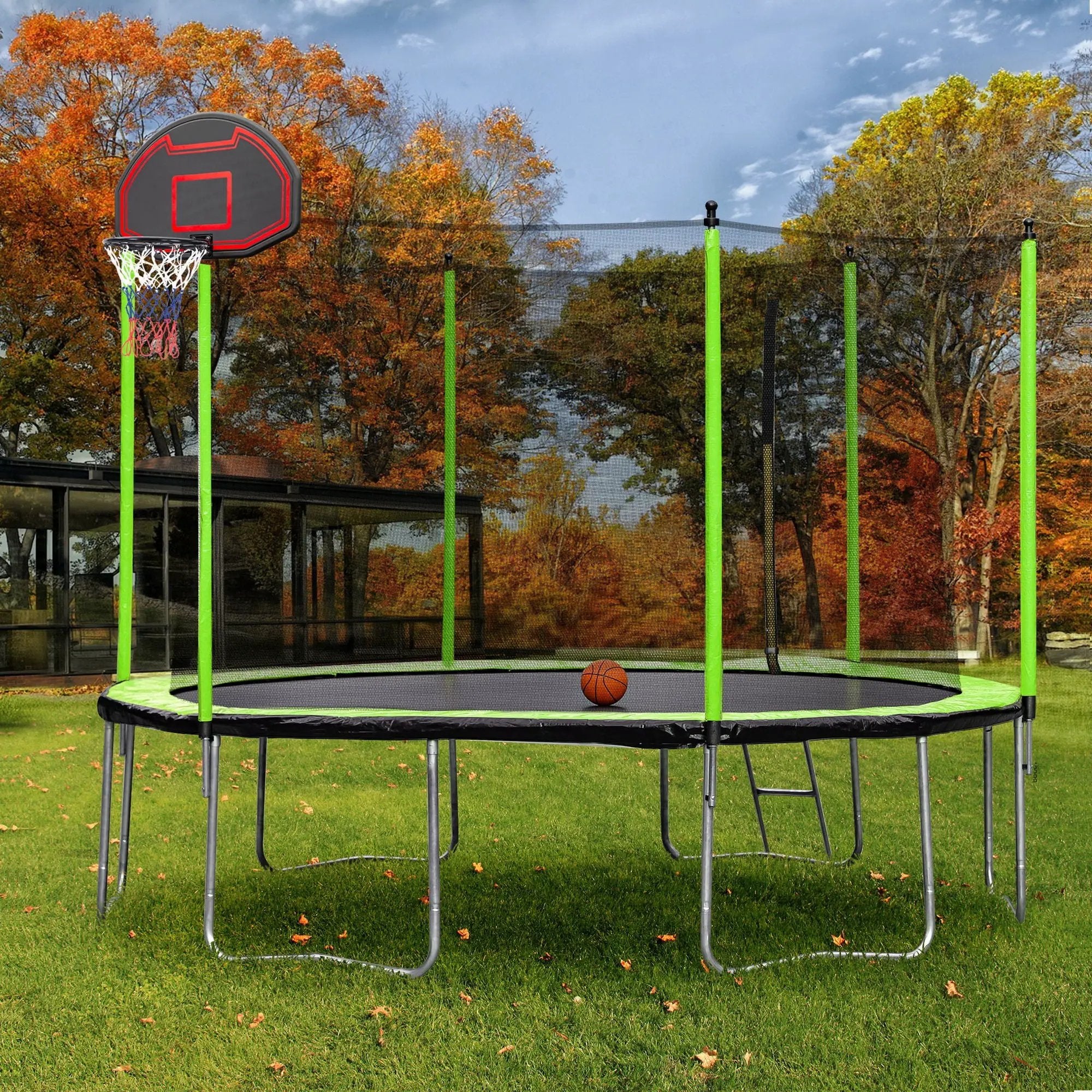 14Ft Trampoline With Basketball Hoop Inflator And Ladder (Inner Safety Enclosure) - Green by HouseOfZazla
