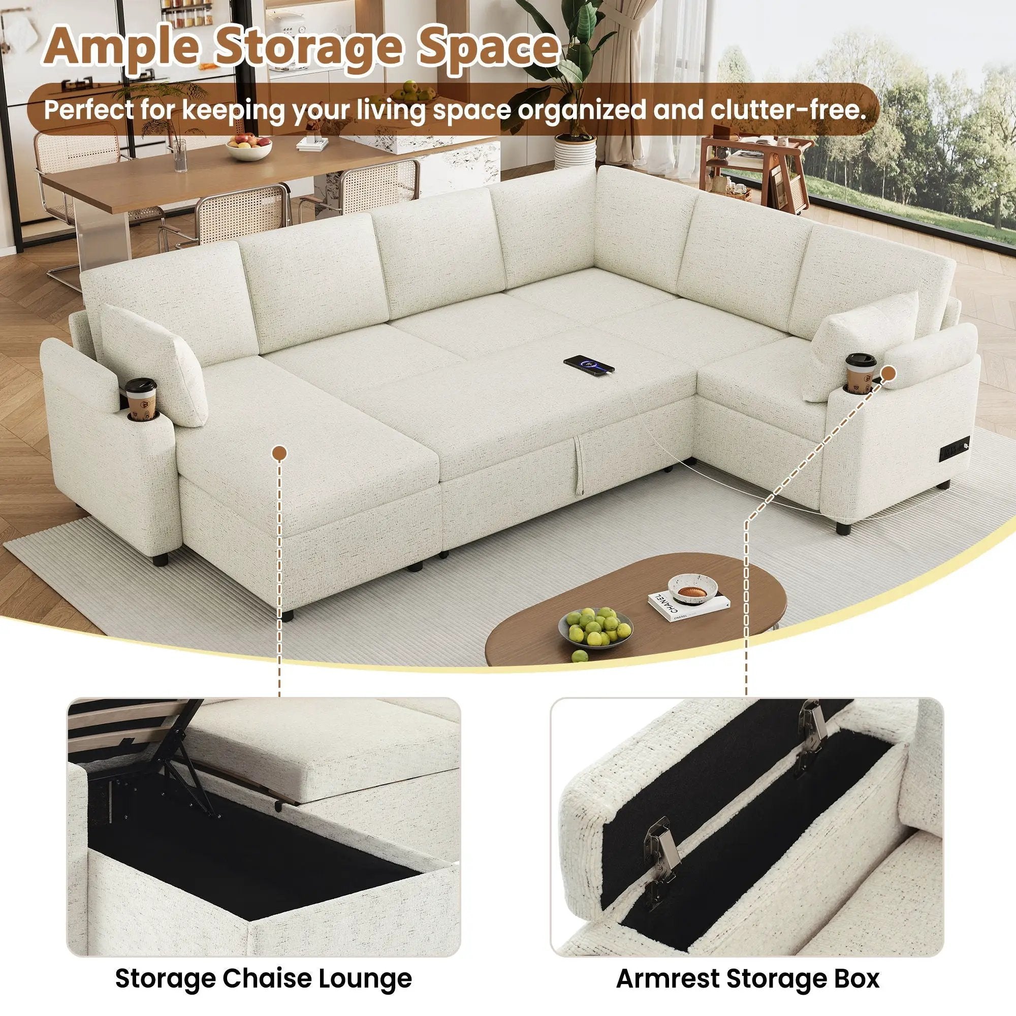 U-Shaped Sectional Sleeper Sofa With Ample Storage Space, 2 Cup Holders And Charging Ports For Living Room by HouseOfZazla