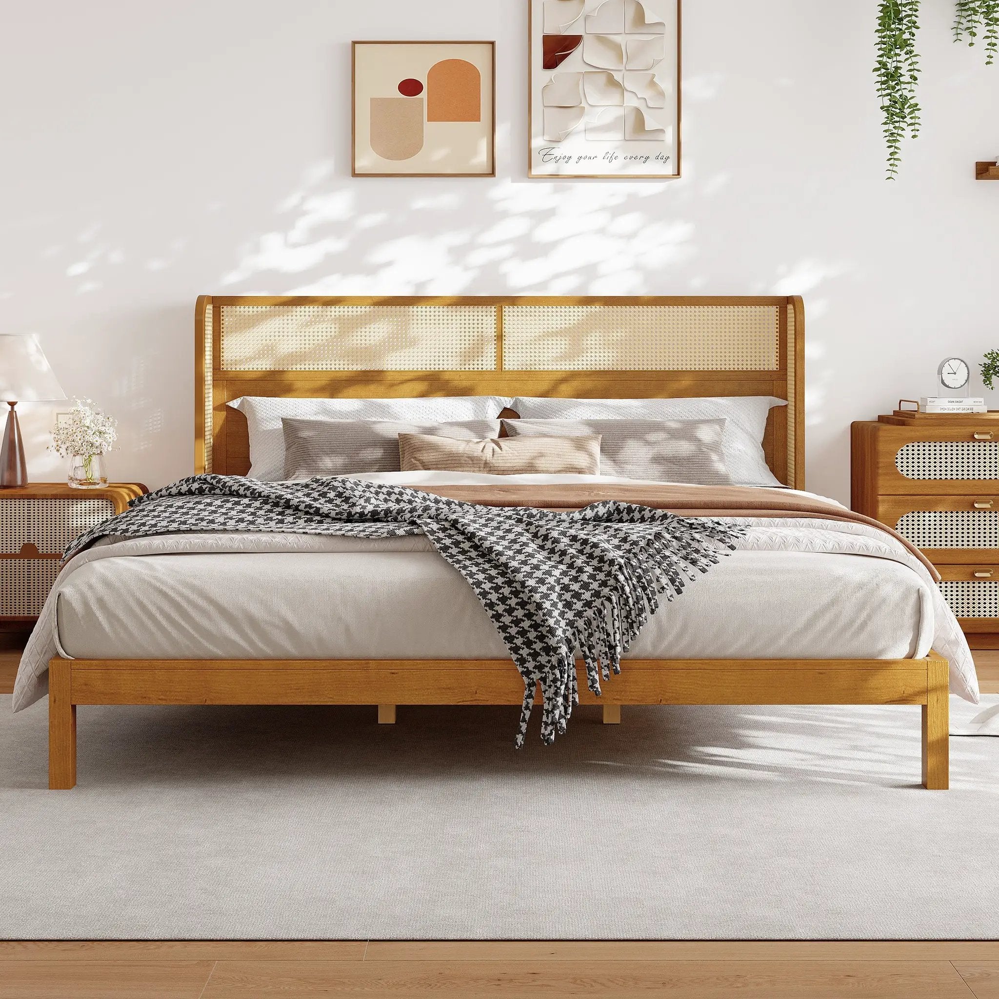 Premium Rubber Wood Platform Bed Frame with Headboard by HouseOfZazla