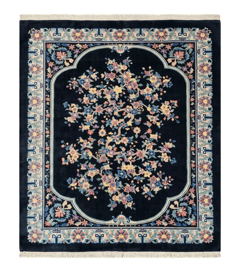 Black Chinese Wool Rug 8x10, Art Deco Floral Carpet, Soft Plush Pile by Jewel Rugs