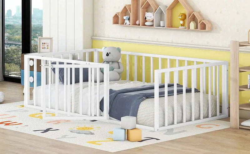 Metal Floor Bed Frame With Fence And Door by HouseOfZazla