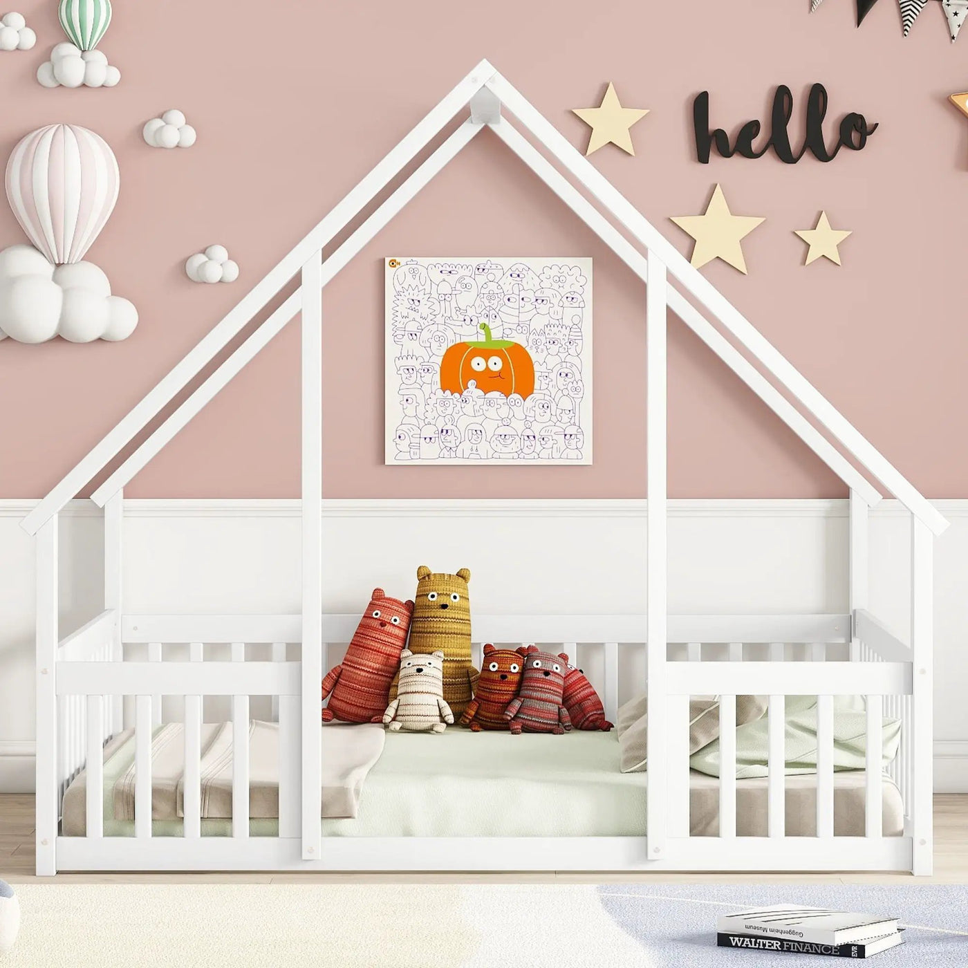 Wood House-Shaped Floor Bed With Fence, Guardrails by Unique Piece Furniture